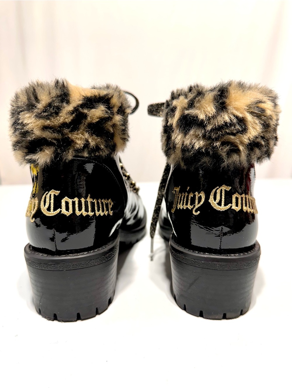 Juicy Couture Indulgence Black Patent Leopard Faux Fur Rhinestone Boots 7M